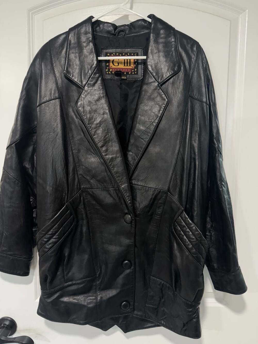 Vintage Black Leather Oversized Blazer Jacket 80s 90s Power Dressing Small
